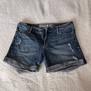 Vintage Bullhead Women's Dark Blue Distressed Denim Roll-Cuff Shorts